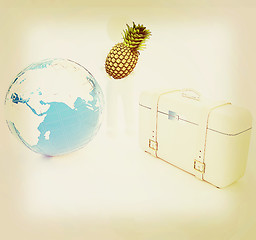 Image showing 3d man with pineapple,earth and traveler\'s suitcase . 3D illustr