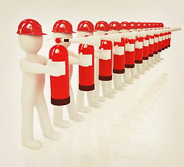 Image showing 3d mans in hardhat with red fire extinguisher . 3D illustration.