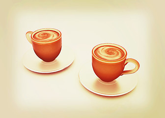 Image showing Coffee cups on saucer. 3D illustration. Vintage style.