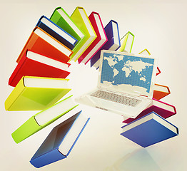 Image showing Laptop and books flying . 3D illustration. Vintage style.