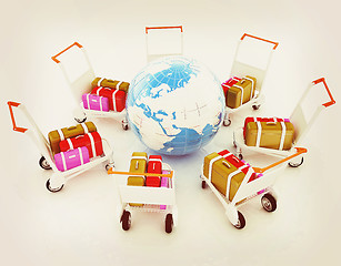 Image showing Trolley for luggage at the airport and earth. International tour