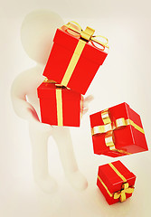 Image showing 3d man strawed red gifts with gold ribbon. 3D illustration. Vint