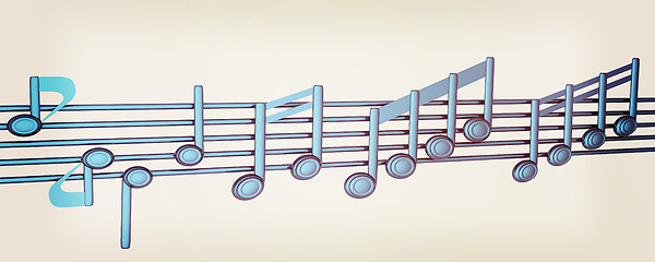 Image showing Various music notes on stave. Blue 3d. 3D illustration. Vintage 