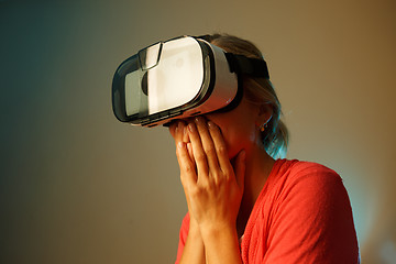 Image showing happy young woman with virtual reality headset or 3d glasses