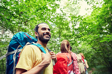 Image showing group of smiling friends with backpacks hiking