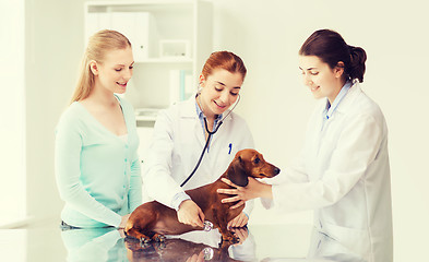 Image showing happy woman with dog and doctor at vet clinic