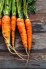 Image showing Raw carrot with green leaves on wooden background