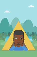 Image showing Man lying in camping tent vector illustration.