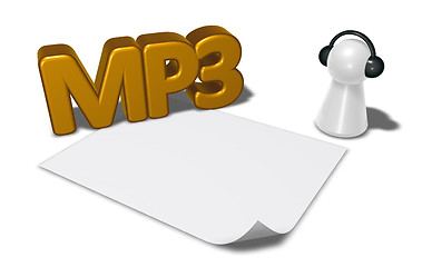 Image showing mp3 tag, blank white paper sheet and pawn with headphones - 3d rendering