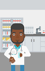 Image showing Pharmacist giving pills and glass of water.