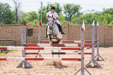 Image showing Volgograd, Russia - June 19, 2016: The sportswoman on a horse show jumping phase passes with multiple barriers