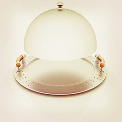 Image showing restaurant cloche with open lid . 3D illustration. Vintage style