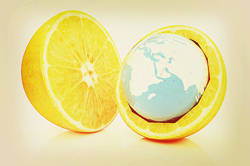 Image showing Earth on orange fruit on white background. Creative conceptual i