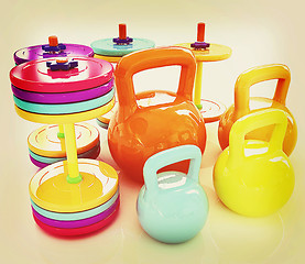 Image showing Colorful weights and dumbbells . 3D illustration. Vintage style.