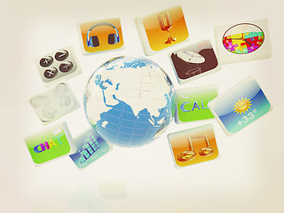 Image showing Earth with cloud of media application Icons . 3D illustration. V