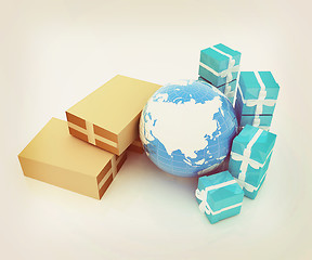 Image showing Cardboard boxes, gifts and earth . 3D illustration. Vintage styl