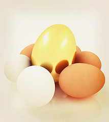 Image showing Eggs and gold easter egg. 3D illustration. Vintage style.