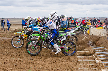 Image showing Volgograd, Russia - April 19, 2015: Motorcycle racer started in the race to stage the Open Championship Motorcycle Cross Country Cup Volgograd Region Governor