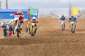 Image showing Volgograd, Russia - April 19, 2015: Motorcycle racer on the track, at the stage of the Open Championship Motorcycle Cross Country Cup Volgograd Region Governor