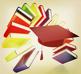 Image showing Colorful books like the rainbow and graduation hat . 3D illustra