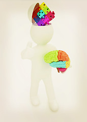 Image showing 3d people - man with half head, brain and trumb up. Idea concept