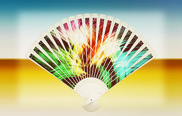 Image showing Colorful hand fan . 3D illustration. Vintage style.