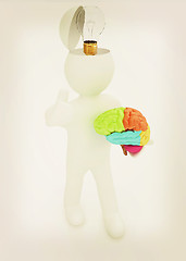 Image showing 3d people - man with half head, brain and trumb up. Idea concept