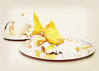 Image showing Gold fish on a restaurant cloche. 3D illustration. Vintage style