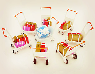 Image showing Trolley for luggage at the airport and earth. International tour