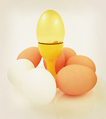 Image showing Eggs and gold easter egg on egg cups . 3D illustration. Vintage 