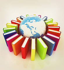 Image showing Colorful books and earth. 3D illustration. Vintage style.