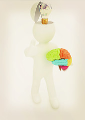 Image showing 3d people - man with half head, brain and trumb up. Idea concept