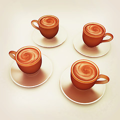 Image showing Coffee cups on saucer. 3D illustration. Vintage style.