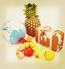 Image showing Citrus,earth and traveler\'s suitcase . 3D illustration. Vintage 