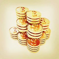 Image showing Gold dollar coin stack. 3D illustration. Vintage style.