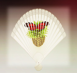 Image showing Colorful hand fan. 3D illustration. Vintage style.