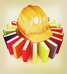 Image showing Colorful books and hard hat . 3D illustration. Vintage style.