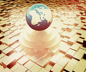 Image showing Earth on podium against abstract urban background . 3D illustrat