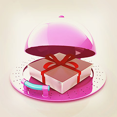 Image showing Illustration of a luxury gift on restaurant cloche on a white ba