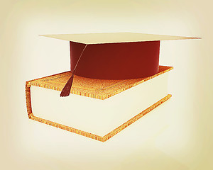 Image showing Graduation hat on a leather book. 3D illustration. Vintage style