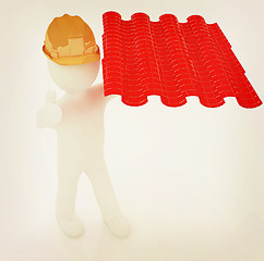 Image showing 3d man presents the roof tiles . 3D illustration. Vintage style.