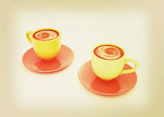 Image showing Coffee cups on saucer. 3D illustration. Vintage style.