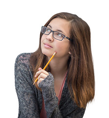 Image showing Pretty Mixed Race Girl Thinking with Pencil