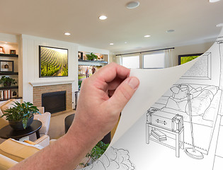 Image showing Hand Turning Page of Custom Living Room Photograph to Drawing