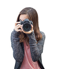 Image showing Attractive Mixed Race Young woman With DSLR Camera on White