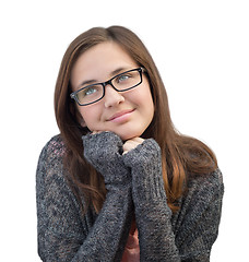 Image showing Pretty Mixed Race Girl Thinking On White