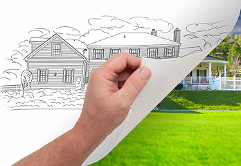 Image showing Hand Turning Page of Custom Home Drawing To Photograph