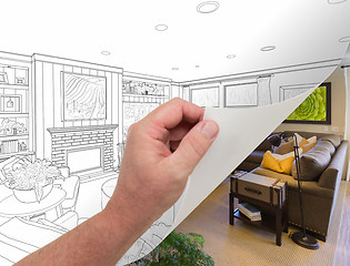 Image showing Hand Turning Page of Custom Living Room Photograph to Drawing