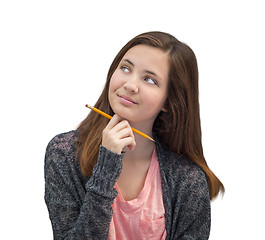 Image showing Pretty Mixed Race Girl Thinking with Pencil