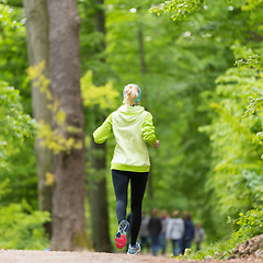 Image showing Sporty young female runner in the forest. 